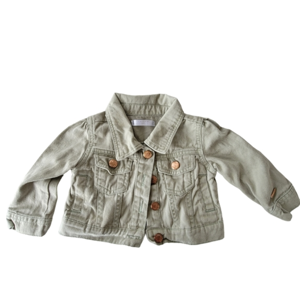 Tahari Girls olive green Jean Jacket Size 12 months gold buttons